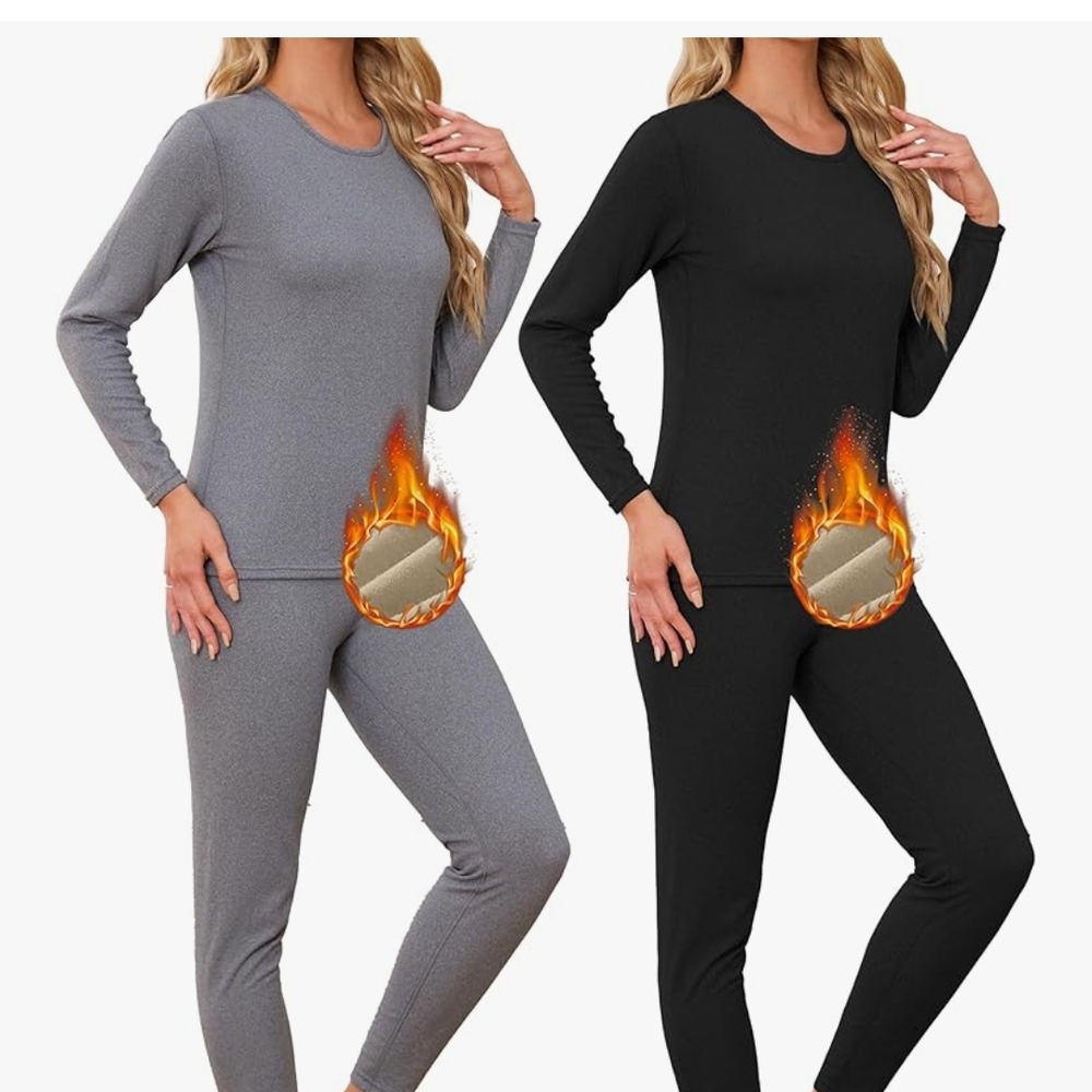 NWT (2) Thermal Base Layer Warm Cold Set Double Lined Fleece Grey Black Small